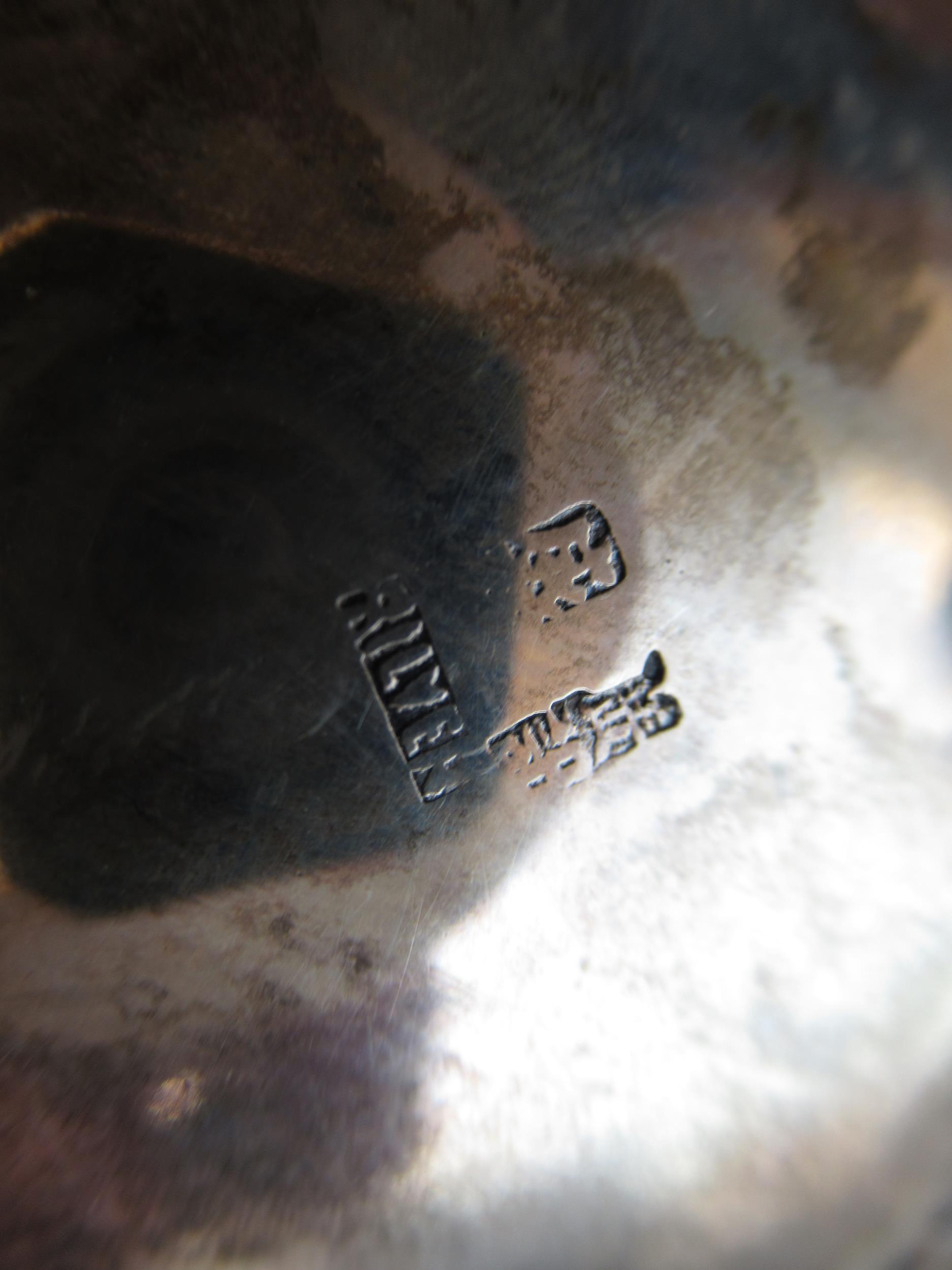 Small Chinese circular sterling silver swing handled dish, two napkin rings and a babies spoon and - Image 3 of 3