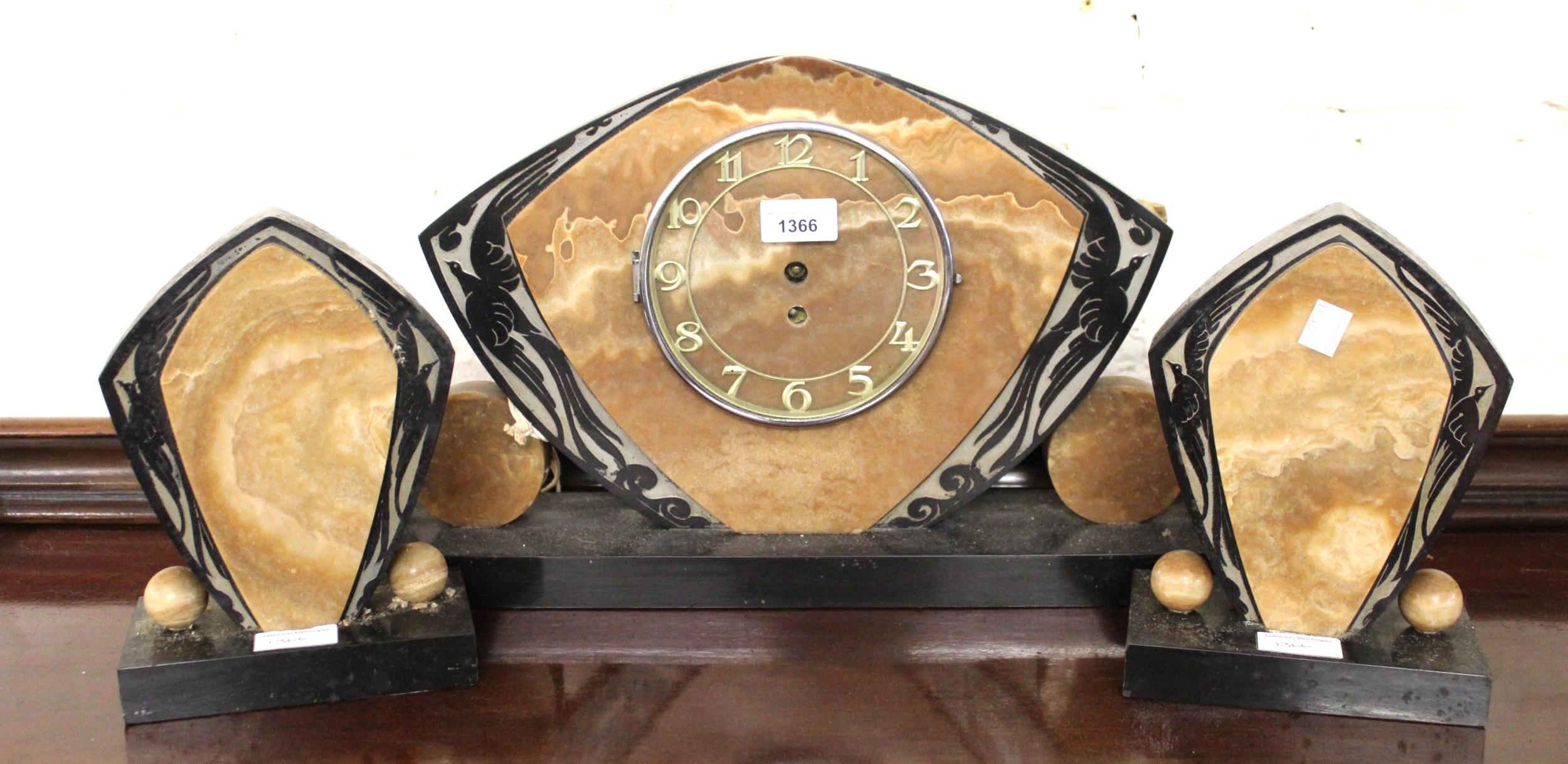 French black slate and marble Art Deco style clock garniture, (movement at fault)