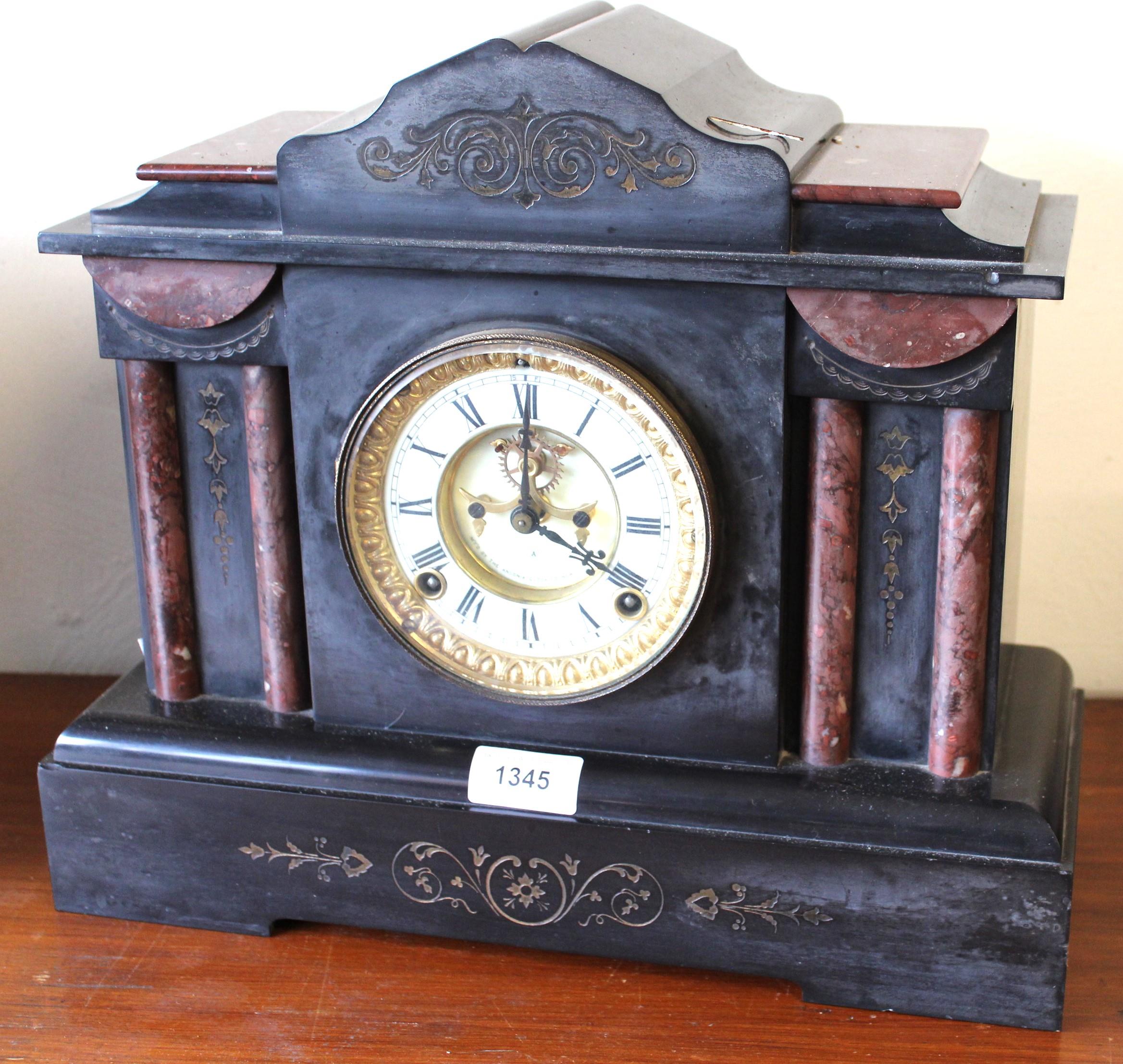 19th Century black slate and rouge marble mantel clock, the enamel dial with Roman numerals and