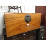 Eastern camphor wood rectangular trunk, the hinged cover above brass lock plate and loop end