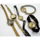 Group of five various ladies 9ct gold cased wristwatches with various leather and metal straps