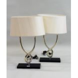 Pair of Porta Romana silvered metal twin light table lamps, of stylised design with rectangular