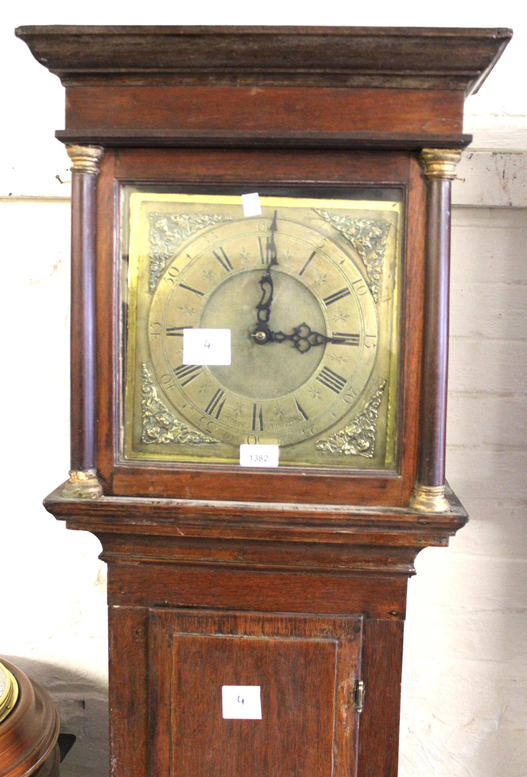 George III oak longcase clock, the square hood enclosing a brass dial inscribed John Uffington