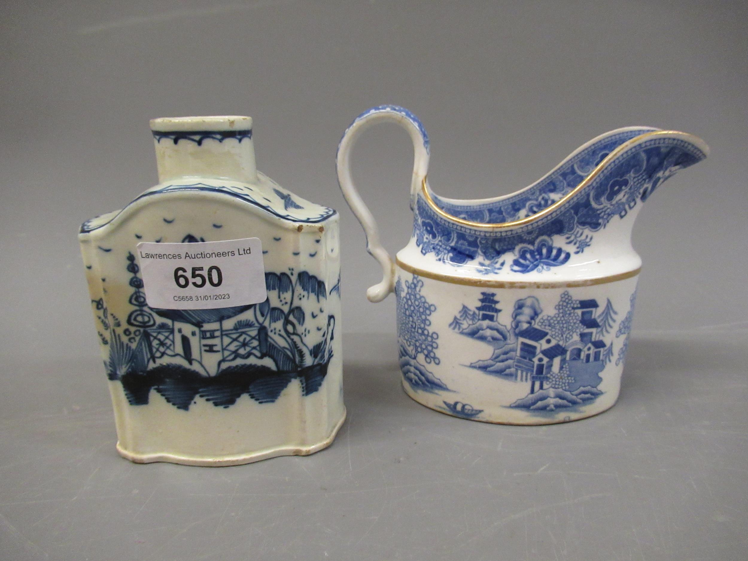 18th Century English blue and white teapoy, 11cms high together with a blue and white Willow pattern