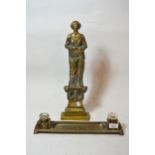 Late 19th / early 20th Century brass two bottle inkstand, brass doorstop in the form of a standing