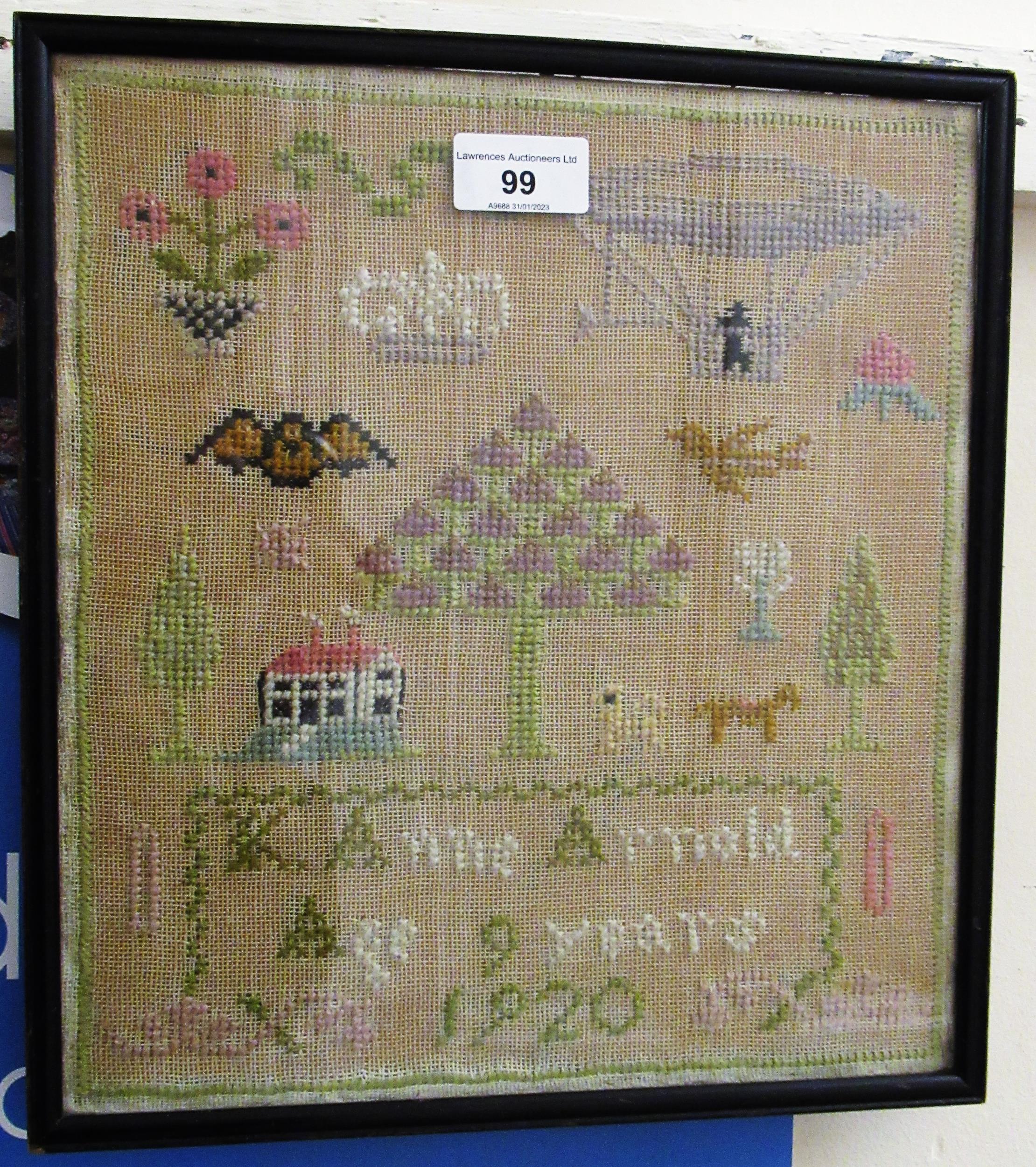 Small early 20th Century pictorial sampler, worked by Anne Arnold, aged 9, 1920, 29cms x 26cms