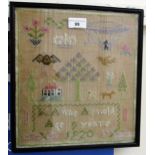 Small early 20th Century pictorial sampler, worked by Anne Arnold, aged 9, 1920, 29cms x 26cms
