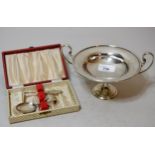 Small London silver two handled pedestal comport, together with a silver spoon and pusher, 11 ounces