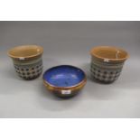 Pair of Doulton Silicon jardinieres, 16cms high, together with a Doulton stoneware fruit bowl, 22cms
