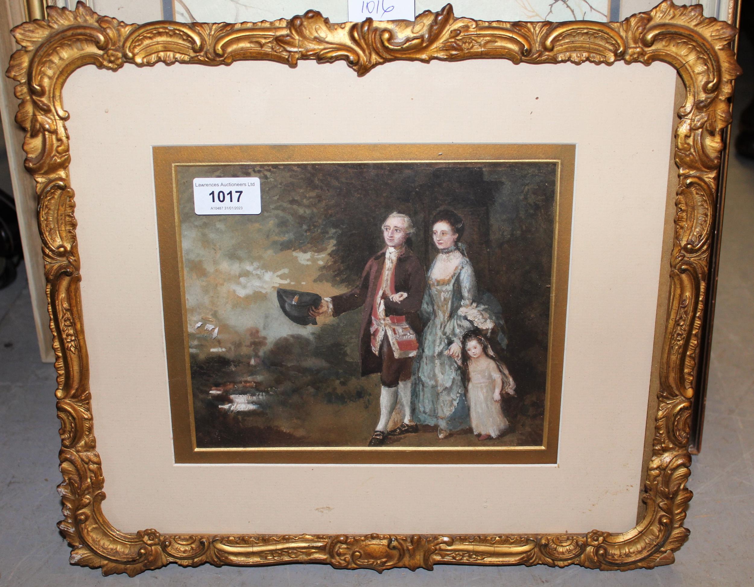 Small mixed media study, group of three figures in 18th Century costume, 17cms x 21cms, gilt framed, - Image 2 of 4
