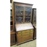 19th Century mahogany bureau bookcase, having moulded cornice with astragal glazed doors, the fall