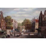 20th Century oil on canvas, Dutch street scene with figures, signed Riemsdyk, 60cms x 90cms, gilt