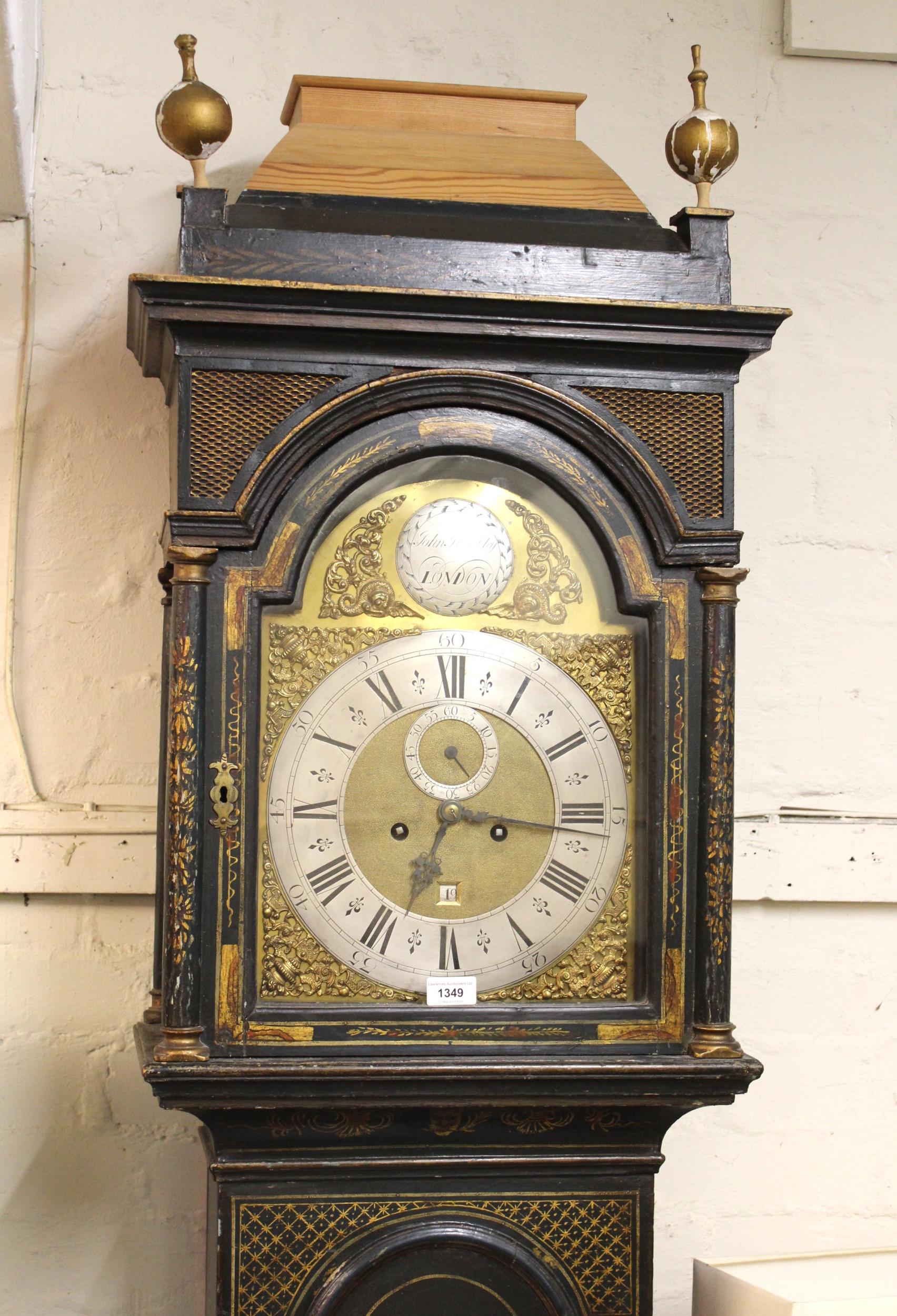 John Hewkley, 18th Century chinoiserie longcase clock, the pagoda top hood enclosing a brass dial