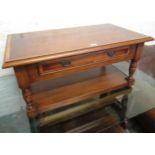 Reproduction rectangular oak crossbanded coffee table with single drawer and undertier, 48cms high x