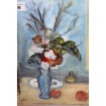 20th Century mixed media, still life, flowers in a blue vase on a table top, signed Sophia, 28cms