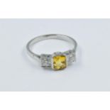 Platinum box set yellow sapphire and diamond ring, size N