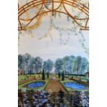 Late 20th Century painting on board, view of a formal garden through an iron gateway, signed