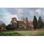 Beatrice Langdon, oil on board, view of a Devonshire church, unsigned, label verso, 20cms x 39cms,