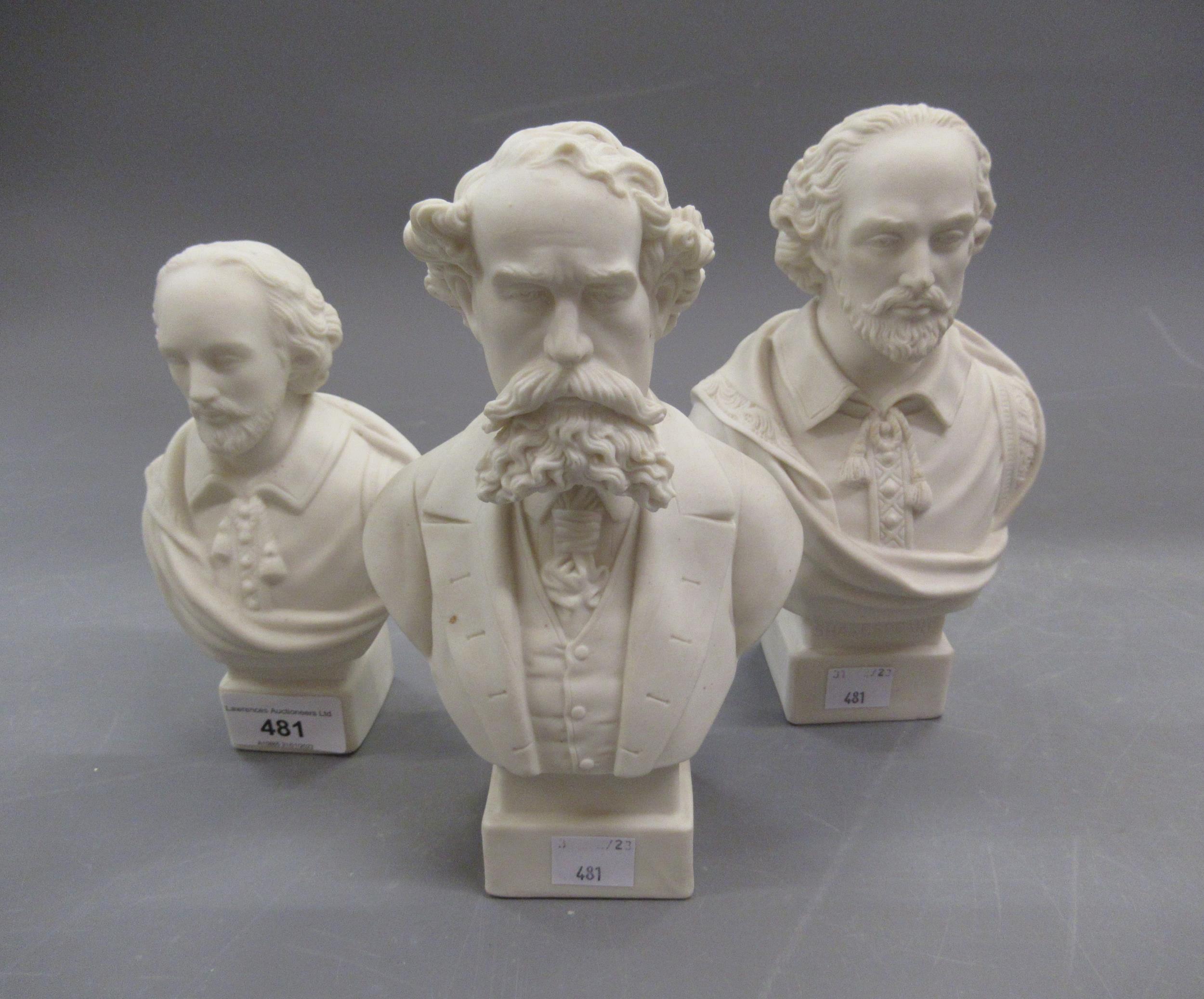 Group of three Parian ware busts of Dickens and Shakespeare, 19cms high The two larger are marked