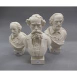 Group of three Parian ware busts of Dickens and Shakespeare, 19cms high The two larger are marked