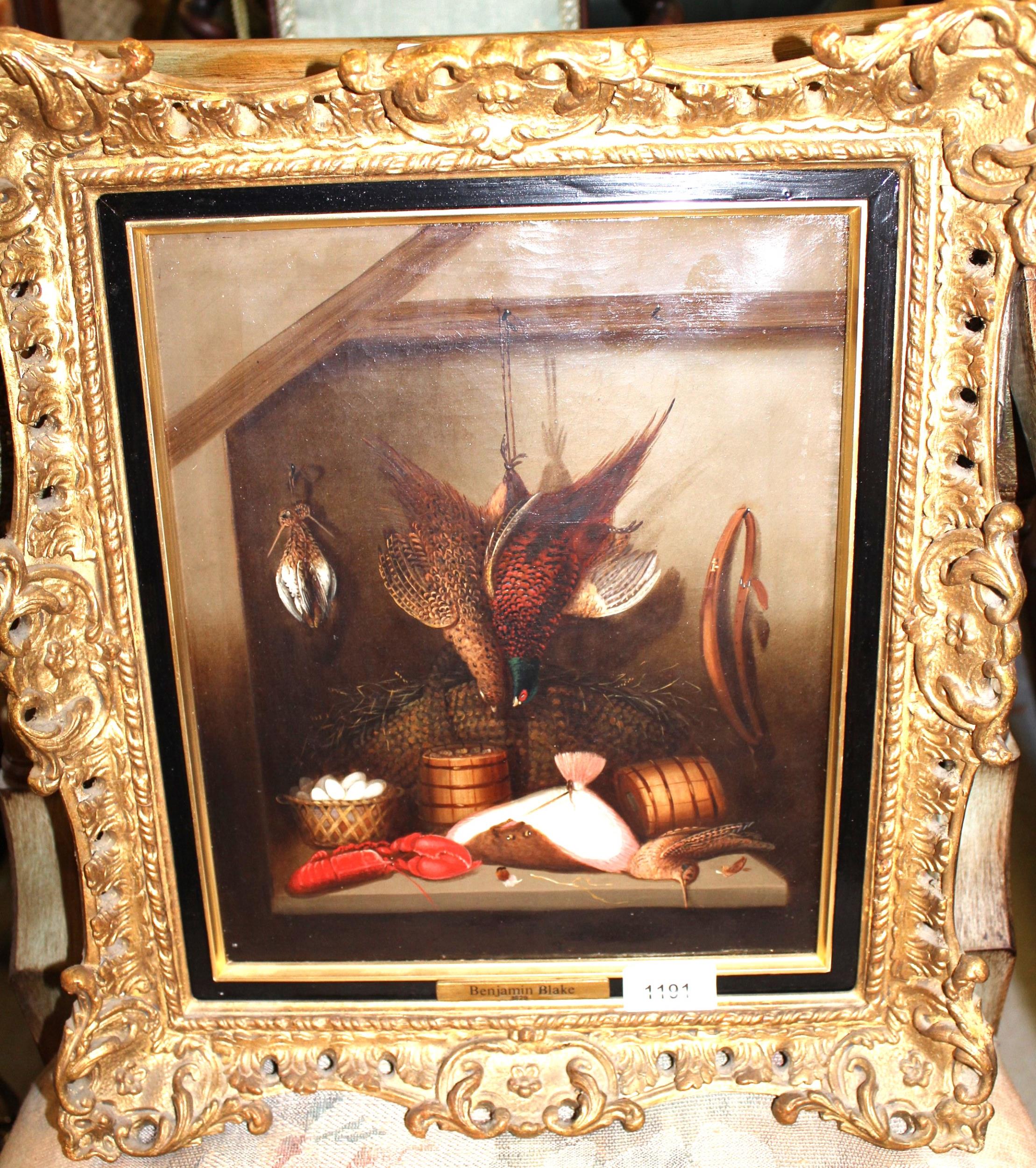 Manner of Benjamin Blake, a pair of oil paintings on canvas, still life, dead game, seafood and eggs - Image 2 of 4