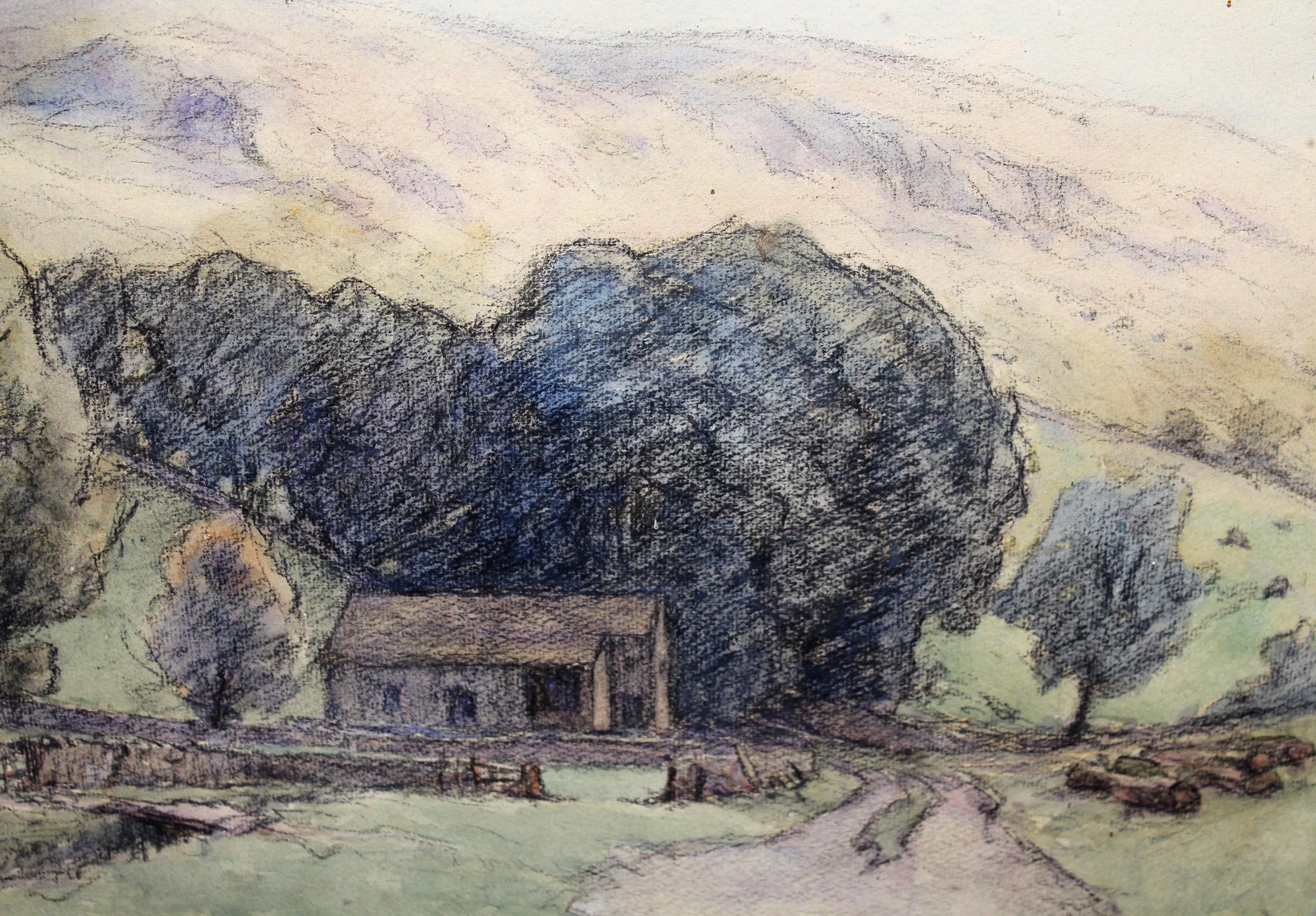 Nelson Dawson, pastel drawing, landscape with farm buildings, 33cms x 40cms approximately, framed