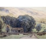 Nelson Dawson, pastel drawing, landscape with farm buildings, 33cms x 40cms approximately, framed