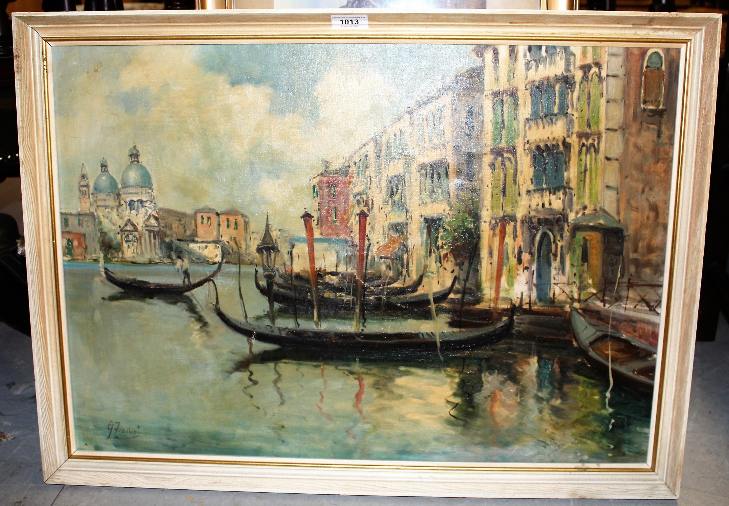 G. Fiorini, oil on canvas, Venice canal scene, signed, 48cms x 69cms, framed - Image 2 of 2