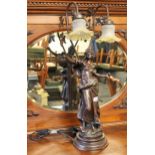 20th Century bronzed figural table lamp, in the form of a classical maiden with yellow and clear