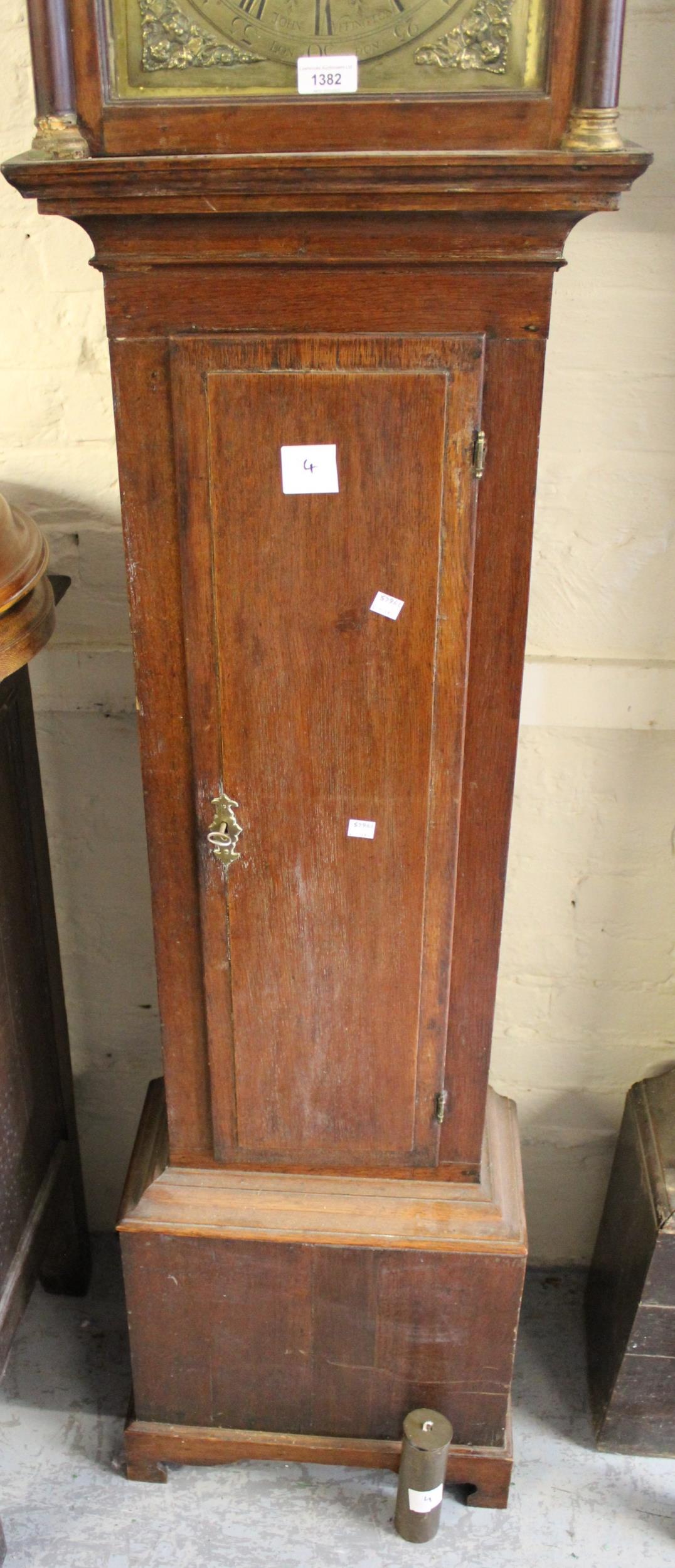 George III oak longcase clock, the square hood enclosing a brass dial inscribed John Uffington - Image 2 of 5