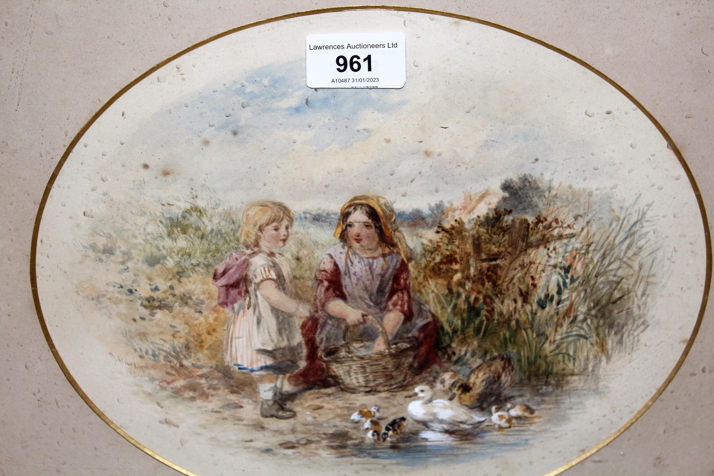 19th Century watercolour, mother and child with ducks and chicks in a landscape, 18cms x 25cms