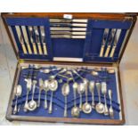 Oak cased canteen of silver plated Old English pattern cutlery, together with a quantity of other