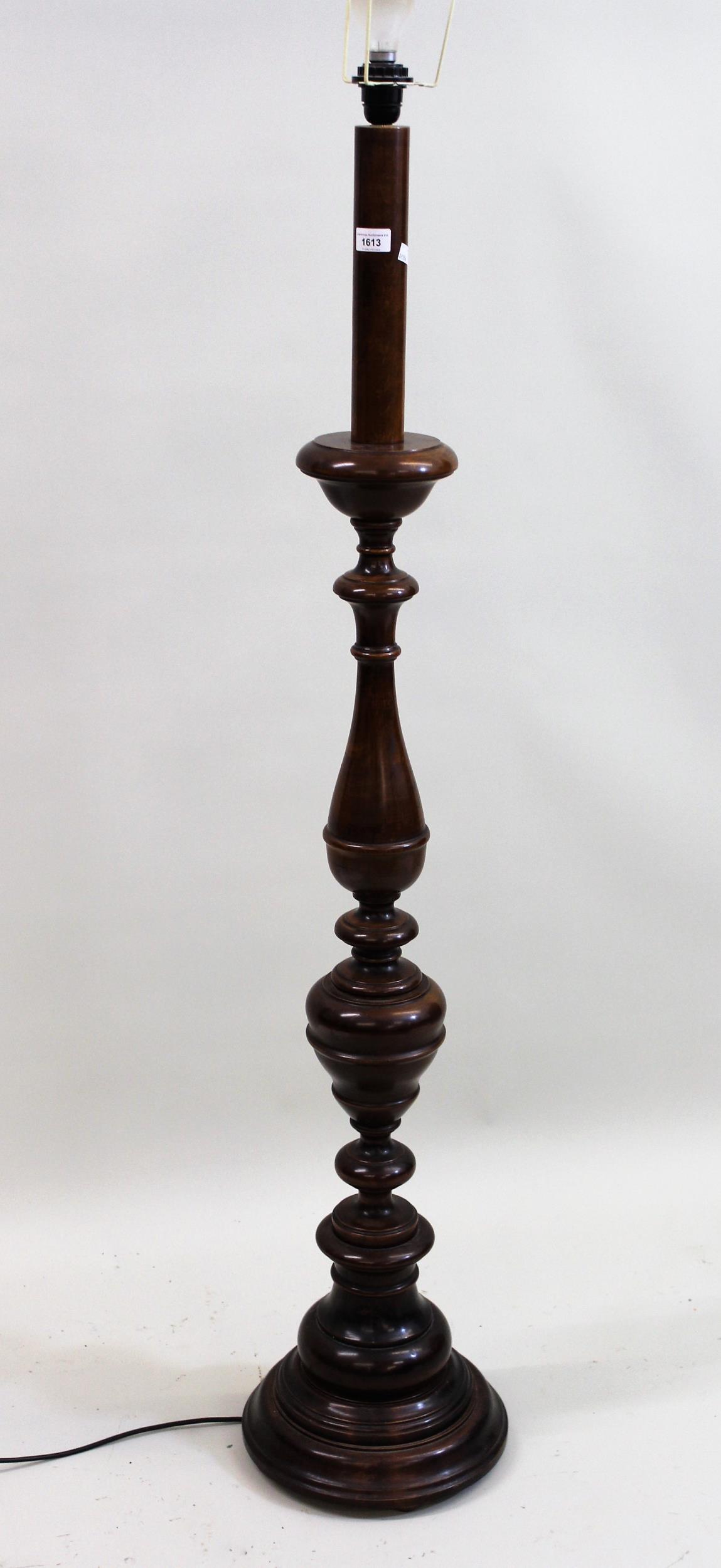 Reproduction turned wood standard lamp, 147cms high (excluding the lamp fitting), together with a