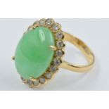 Large French 18ct yellow gold jade and diamond set cocktail ring, size O In good overall