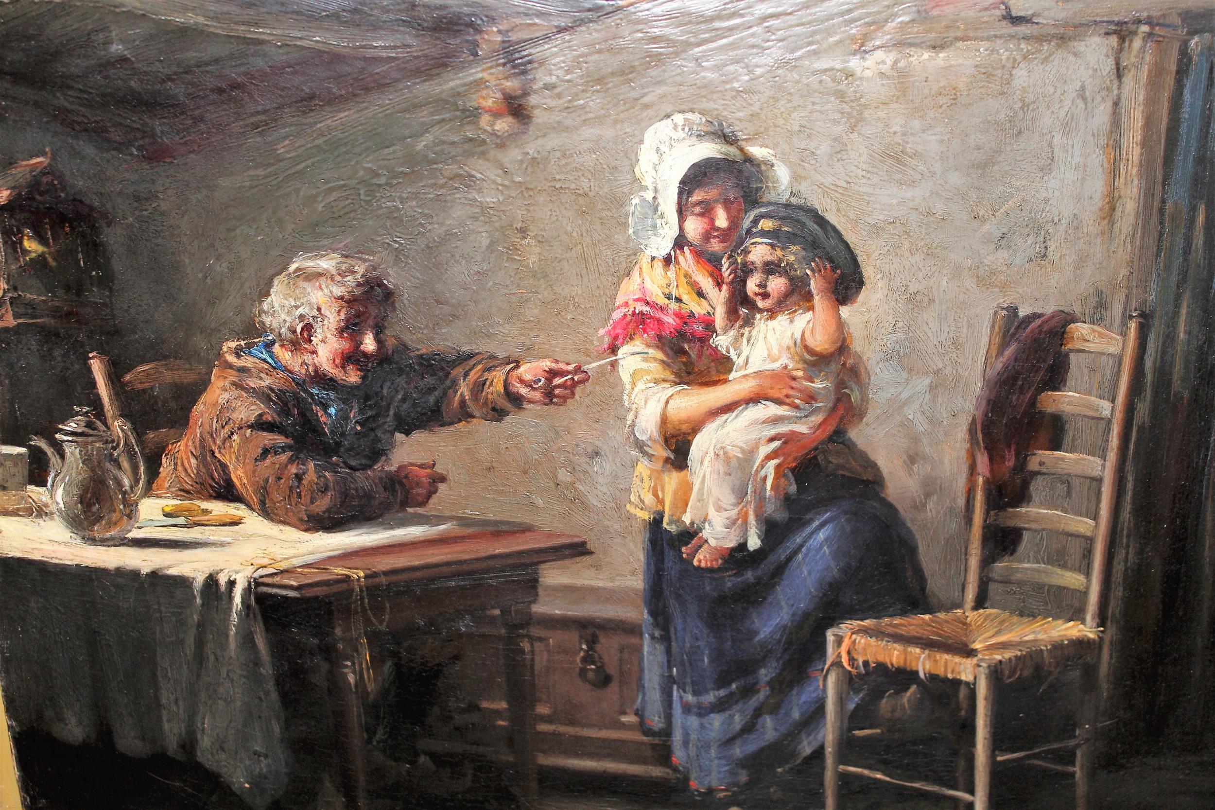 Late 19th / early 20th Century oil on canvas, cottage interior scene with figures, indistinctly