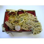 Small box containing a quantity of various gilt metal paste set costume jewellery, silver cased