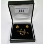 9ct Gold bar brooch later mounted with a silver gilt stone set horseshoe, together with a pair of