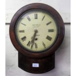 19th Century circular mahogany cased drop dial wall clock, the painted dial with Roman numerals,