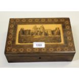 19th Century rosewood and Tunbridge inlaid work box, the hinged lid decorated with a view of a