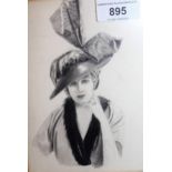 Set of three mid 20th Century pencil studies of ladies fashion, framed, 17cms x 12cms each