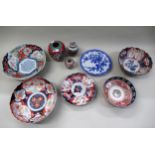 Group of four various Japanese Imari pattern bowls (one at fault), two Japanese plates and three