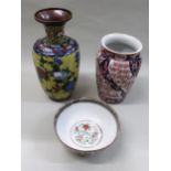 20th Century Chinese enamel decorated bowl, ribbed vase with Imari floral decoration and a cloisonne