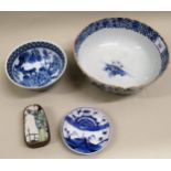 Chinese blue and white bowl (at fault), 22.5cms diameter together with three other items of