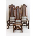 Pair of Carolean (late 17th Century) walnut side chairs, the high cane inset backs with pierced