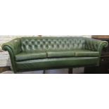 20th Century green buttoned leather upholstered three seater Chesterfield type sofa, 224cms wide x