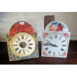 Continental alarm wall clock with floral painted dial, 36cms high together with another similar,