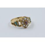 Victorian gold cluster ring set ruby, seed pearls and turquoise, size 'L', 3g