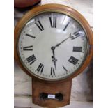 Late 19th / early 20th Century oak and pine circular drop dial wall clock, the painted 11.75in