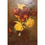 Two framed oils, wallflower and daffodils in a vase and a study of roses by Noni Mc Crone (labels