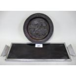 Small Art Deco chrome and glass tray, and a Japanese antimony dish, decorated in high relief with